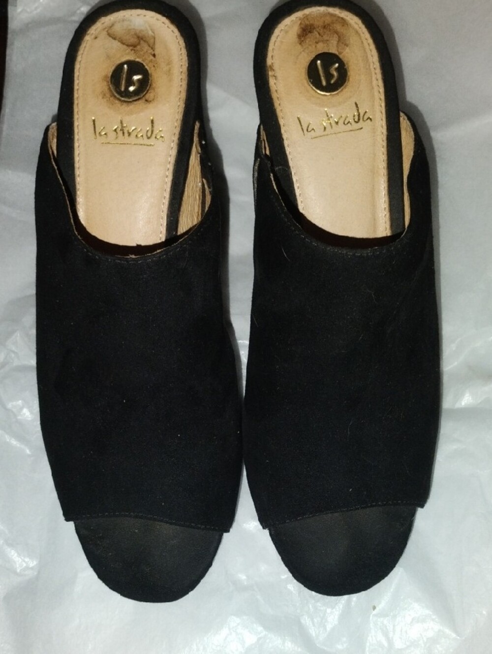 Strada Black Open-Toe Suede Block Heel Mules High Platforms 39/8.5